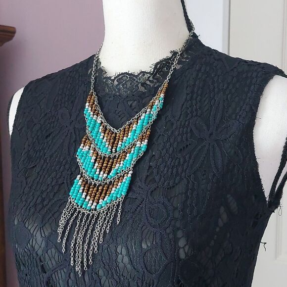 Boho Chic Multicolor Fringed Bib Statement Necklace Turquoise Brown White Silver - Picture 2 of 6